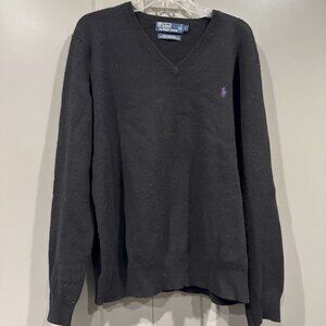 Polo Ralph Lauren Sweater Men's Large Black Lambs Wool V Neck LS Pullover
